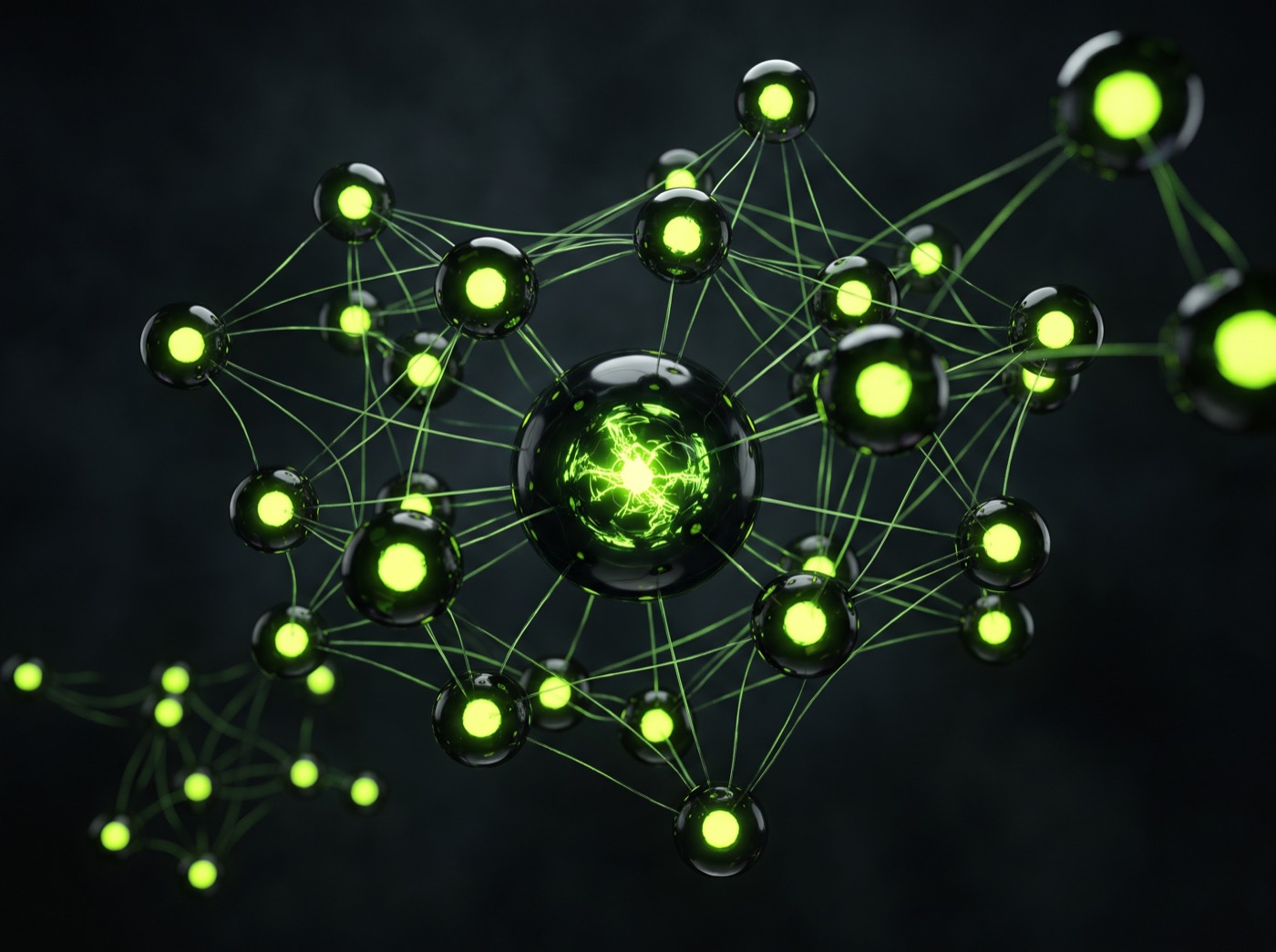 Abstract 3D visual of a connected swarm of AI agent orbs