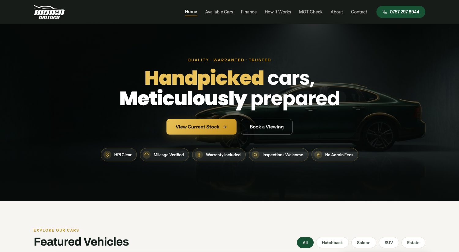 Screenshot of the live Arden Motors website