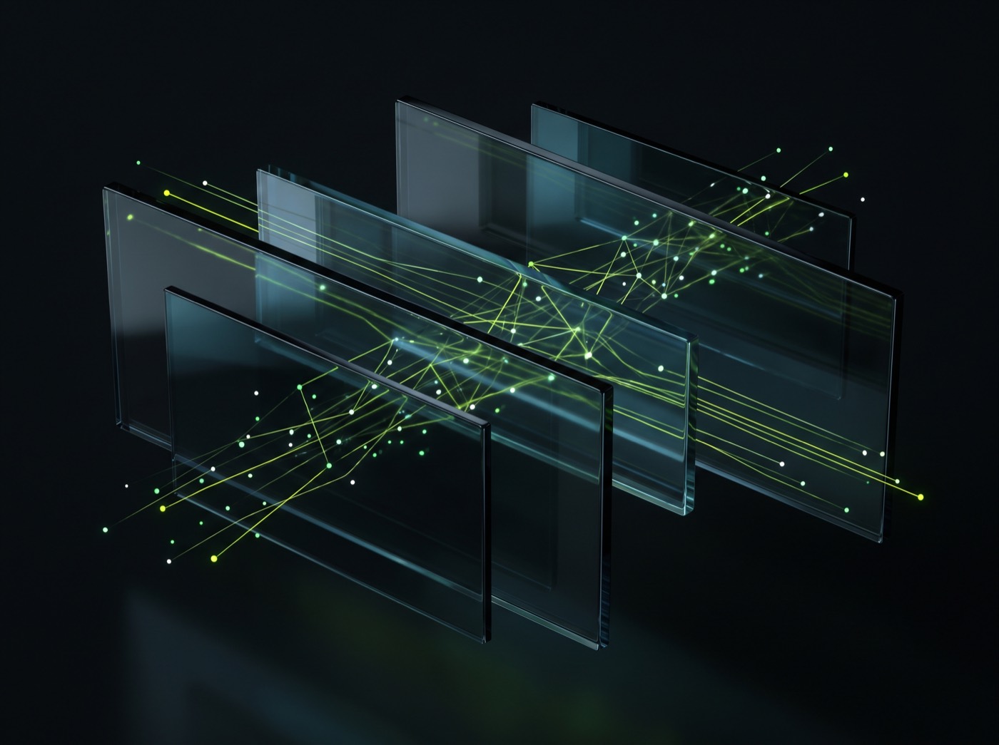 Abstract 3D visual of layered CRM dashboards