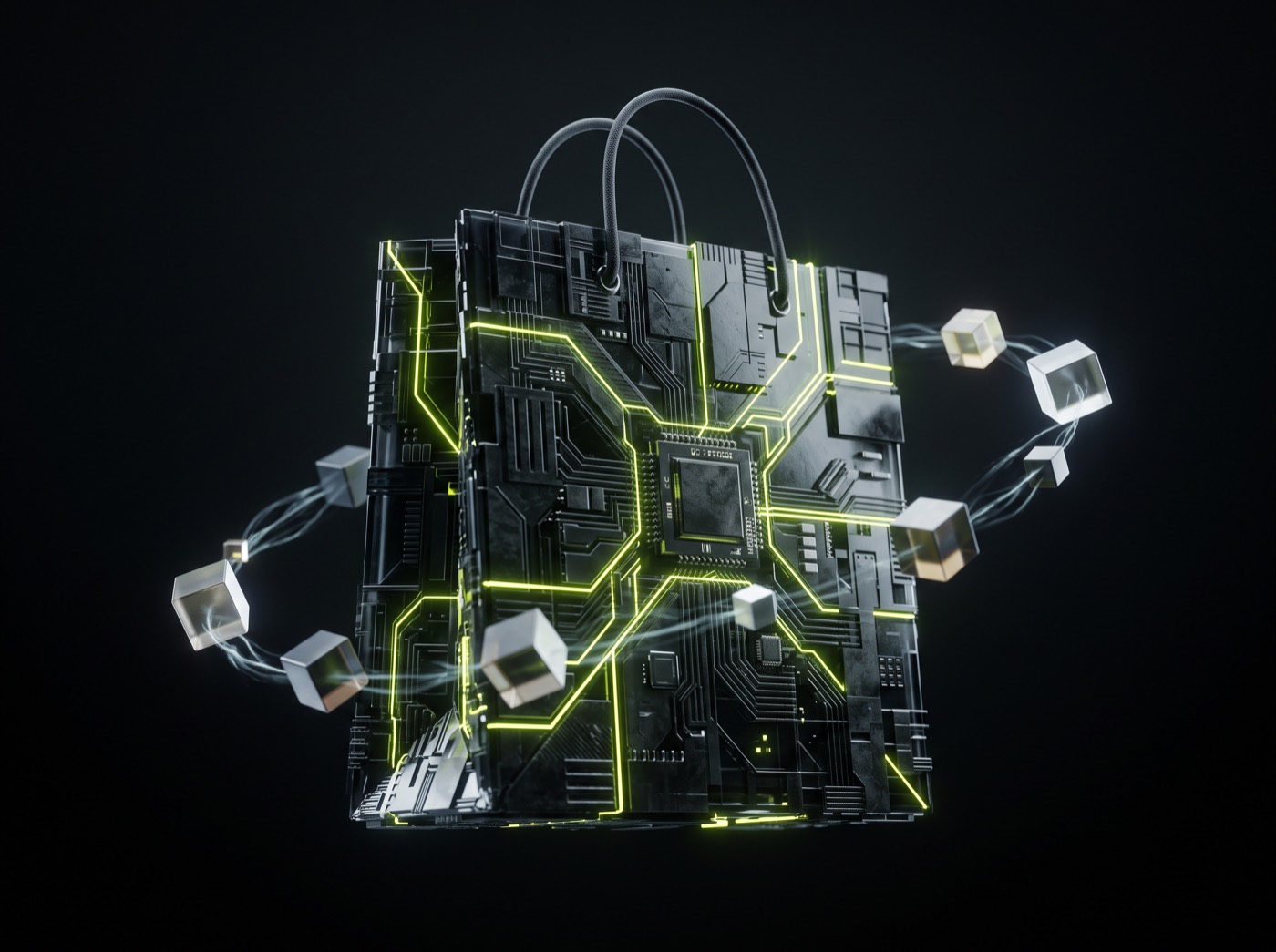 Abstract 3D visual of a circuit-board shopping bag